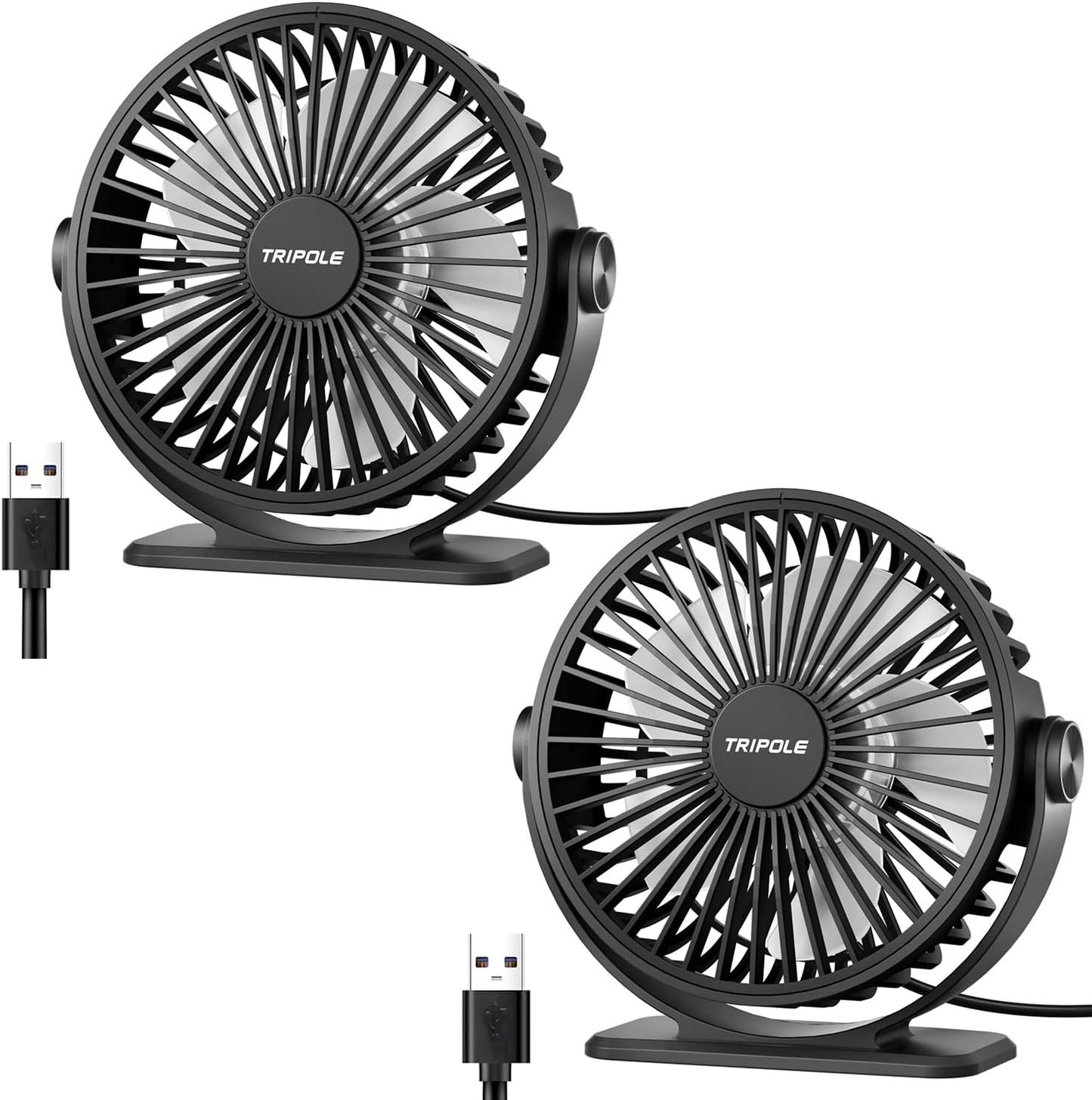 TriPole Desk Fan USB Powered Small Portable Fan, 3 Speeds Adjustable Strong Breeze Mini Personal Fans, 360° Rotation Quiet Plug In USB Fans for Desktop Bedroom Office Table Travel, Black, 4.9ft Cable