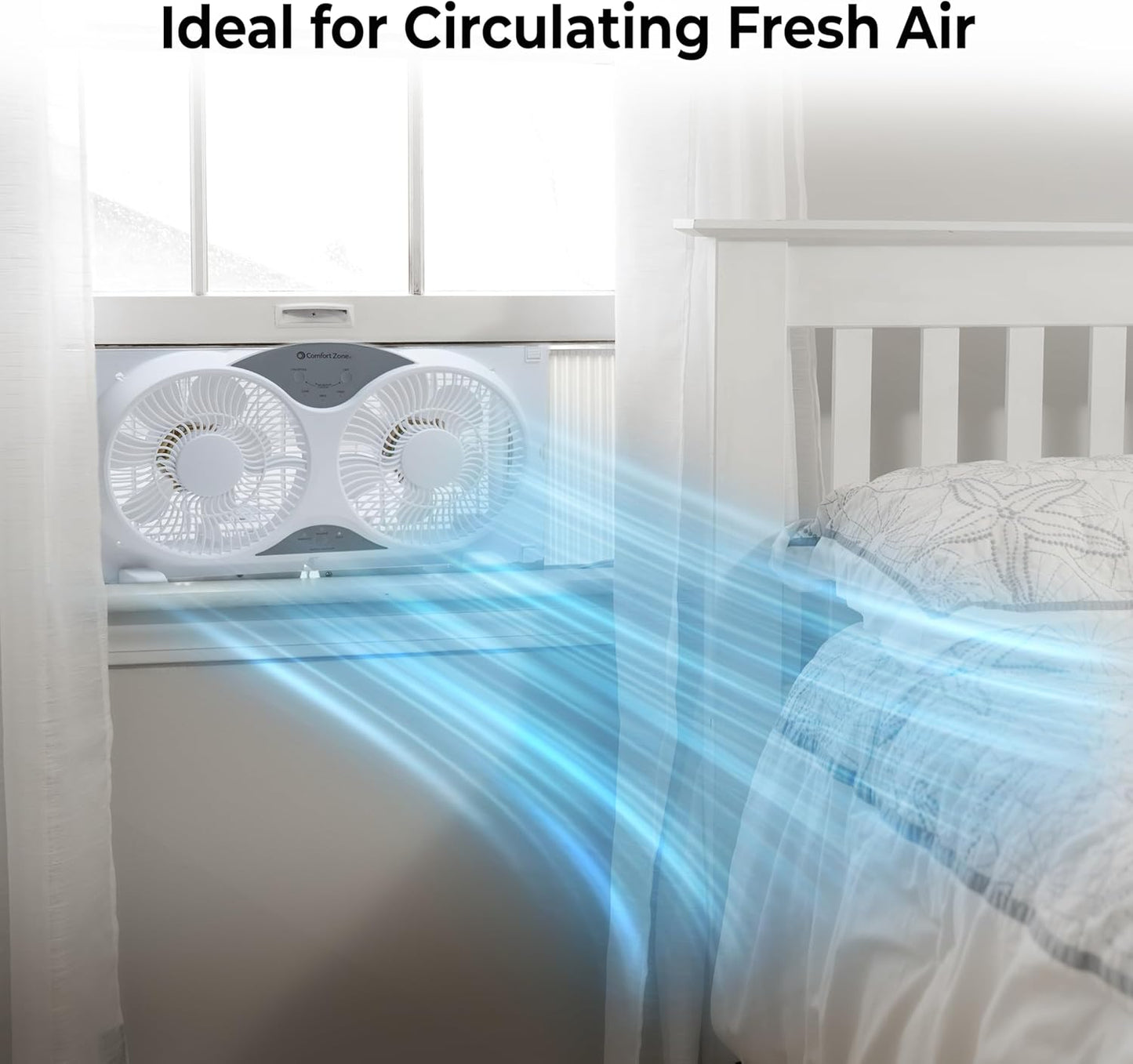 Comfort Zone Twin Window Fan with Reversible Airflow Control, 9 inch, Auto-Locking Expanders, 2 Speed Fan, Dual Fan, Exhaust, Airflow 9.84 ft/sec, Ideal for Home, Kitchen, Bedroom & Office, CZ319WT