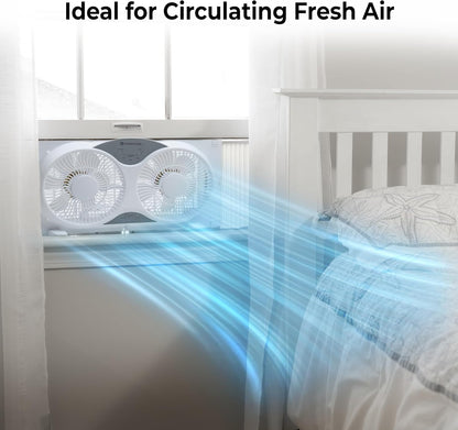 Comfort Zone Twin Window Fan with Reversible Airflow Control, 9 inch, Auto-Locking Expanders, 2 Speed Fan, Dual Fan, Exhaust, Airflow 9.84 ft/sec, Ideal for Home, Kitchen, Bedroom & Office, CZ319WT