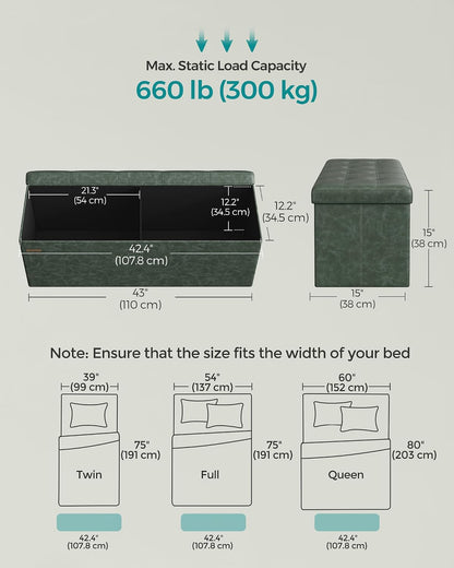 SONGMICS MAZIE Collection - 43 Inches Folding Storage Ottoman Bench, Ottoman with Storage, Foot Rest Stool, Load 660 lb, for Living Room, Synthetic Leather, Black ULSF701