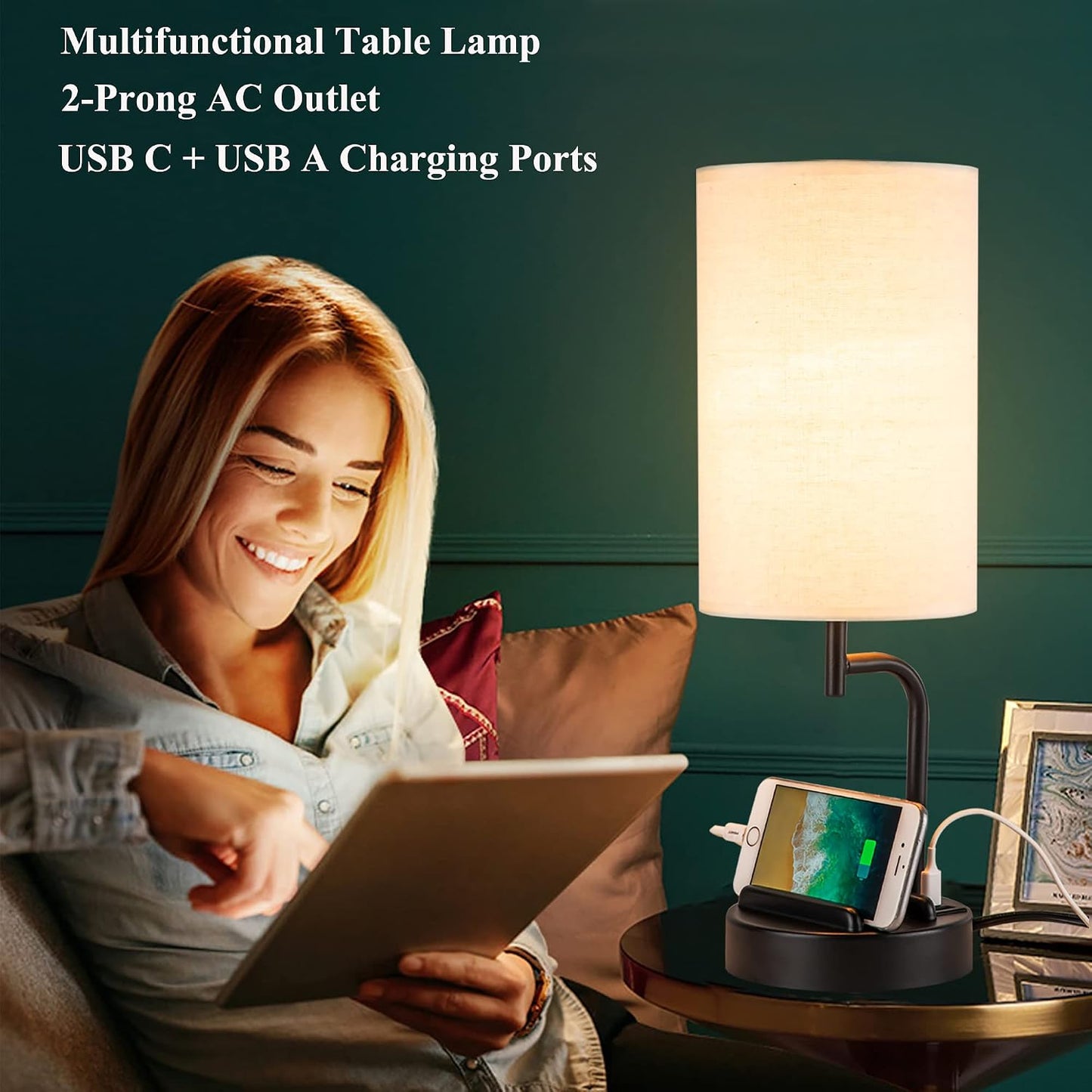 Dreamholder Touch Control USB Table Lamp, Upgraded 3-Way Dimmable Bedside Desk Lamp with USB C & A Charging Ports and AC Outlet, Nightstand Lamp for Bedroom, Dimmable Bulb Included, Gold