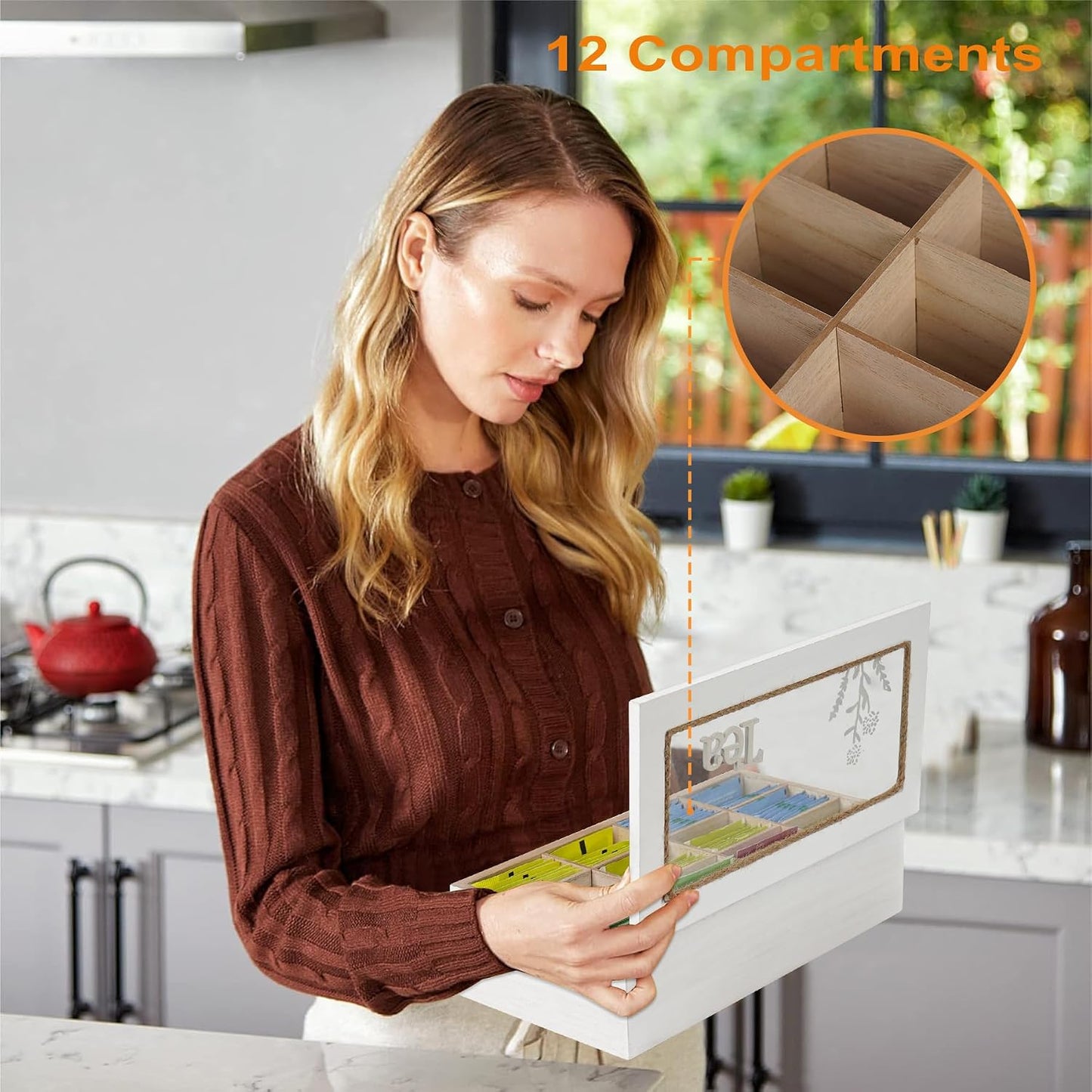Tea Box Organizer,Wood Tea Organizers and Storage,12 Compartments Teas Bag Organizers,Teas Bag Holder Organizer,Wooden Storage Box for Countertop Kitchen Cabinet Pantry