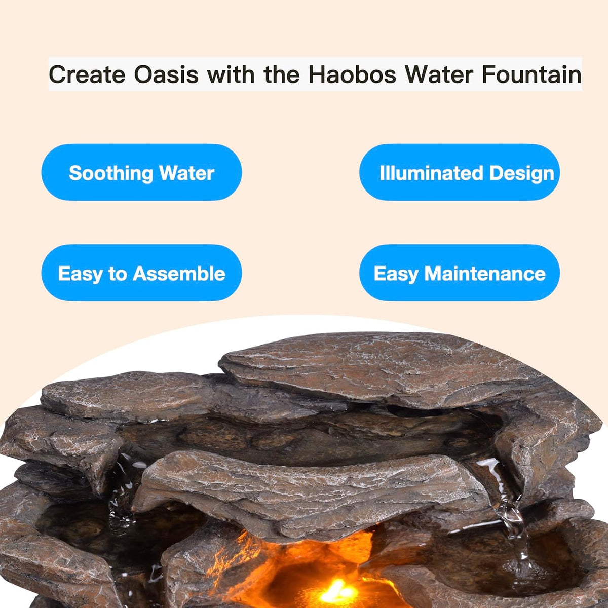 Cascading Indoor Tabletop Water Fountains with LED Light - Rockery Waterfall Fountain - Quiet and Relaxing Water Sound - Small 9.7 Inch Desktop Size - Home/Office Decor