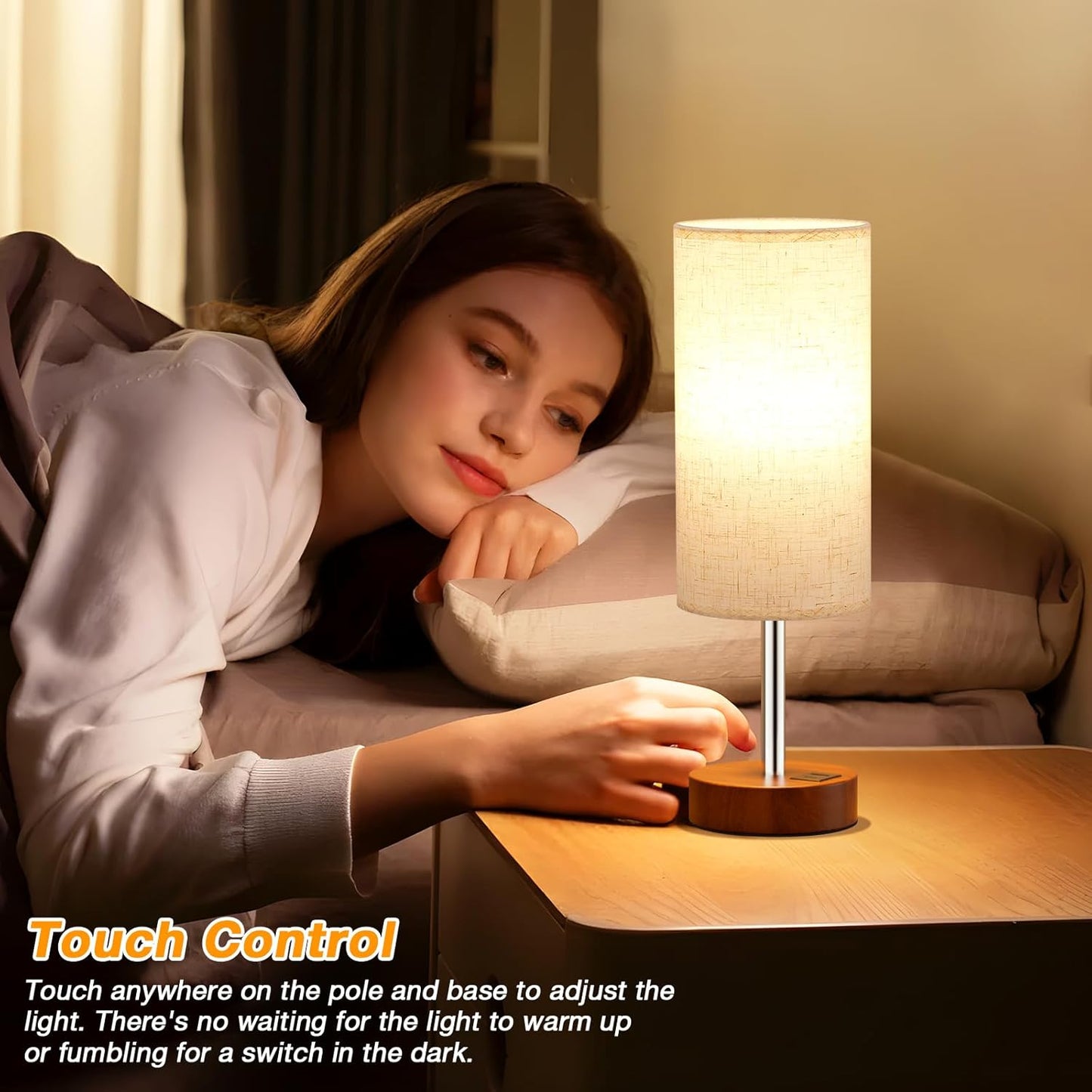 Dicoool Touch Bedside Table Lamp with USB - 3 Way Dimmable Wood Lamp for Bedroom Nightstand, Desk Lamp with Charging Station for Dorm, Living Room, Office, Kids Room, Small, 14in