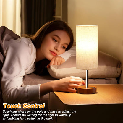 Dicoool Touch Bedside Table Lamp with USB - 3 Way Dimmable Wood Lamp for Bedroom Nightstand, Desk Lamp with Charging Station for Dorm, Living Room, Office, Kids Room, Small, 14in