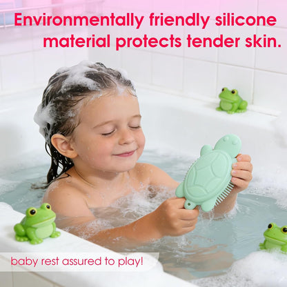 Baby Shower Brush,Kids Silicone Body and Back Exfoliating Mitt - Soft Bristles, Gentle Exfoliation, Cute Turtle Design Makes Children Love Bathing(Mint)