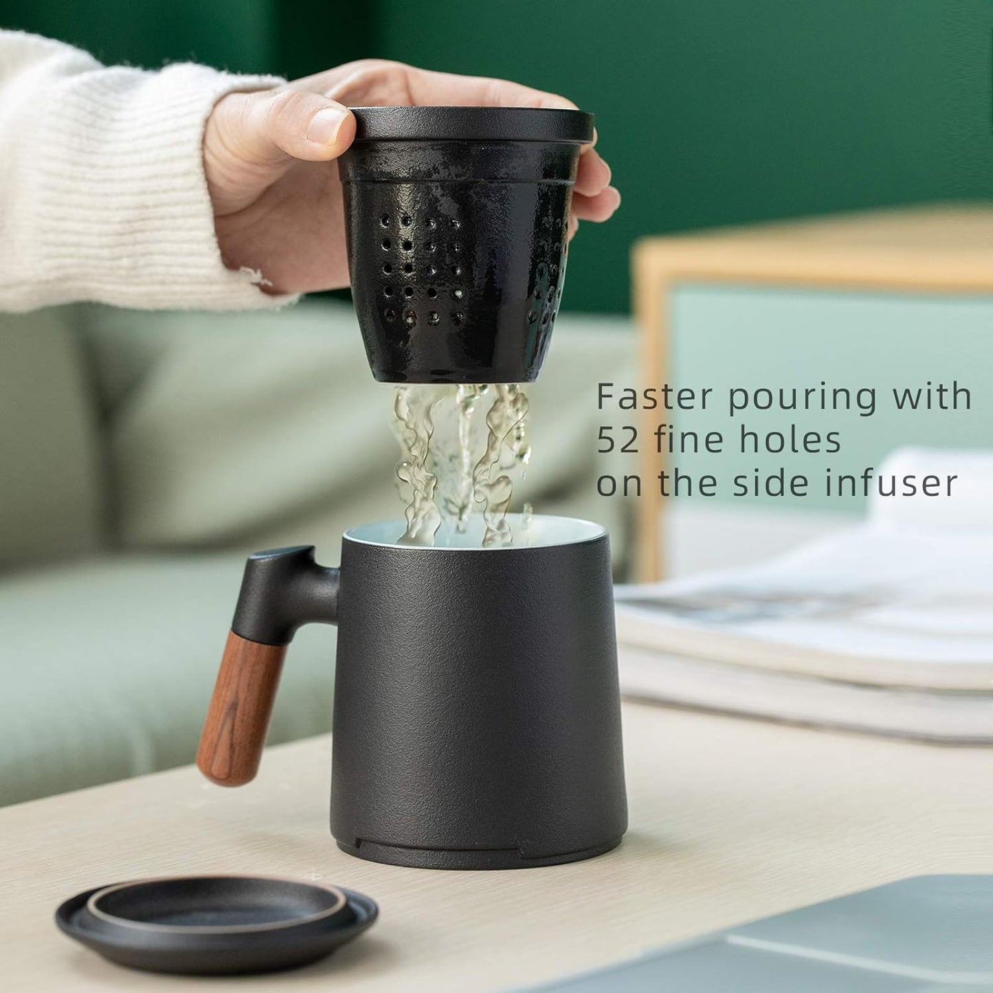 ZENS Embossed Ceramic Tea Mug with Infuser and Lid, 14.5 oz Wooden Handle, Loose Leaf Tea Steeper Cup & Strainer for Tea Lovers Gifts