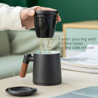 ZENS Embossed Ceramic Tea Mug with Infuser and Lid, 14.5 oz Wooden Handle, Loose Leaf Tea Steeper Cup & Strainer for Tea Lovers Gifts