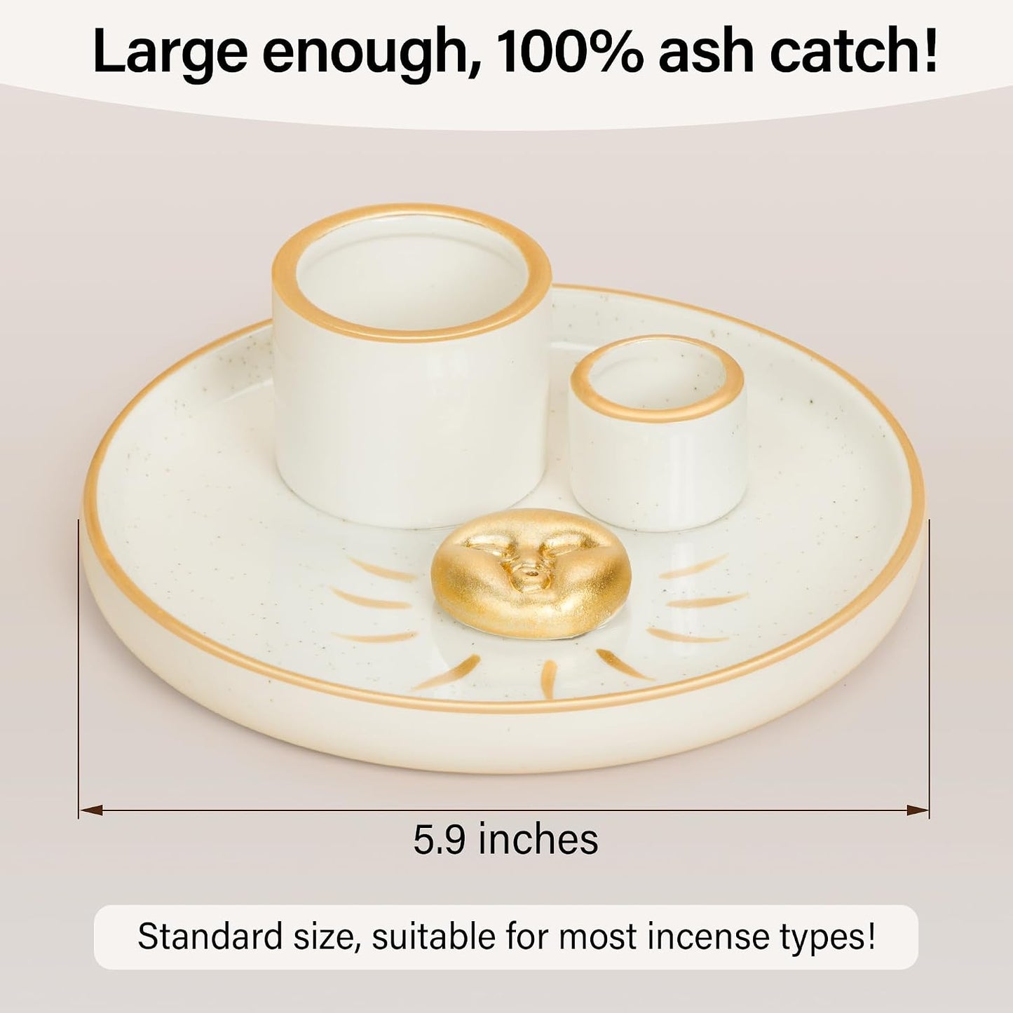 ZenBless Multifunction Incense and Candle Holder for Burning Sage, Palo Santo, Incense Sticks - 5.9" Ceramic Ash Catcher Tray for Meditation Room Home Decor Spritual Gifts (Gold)