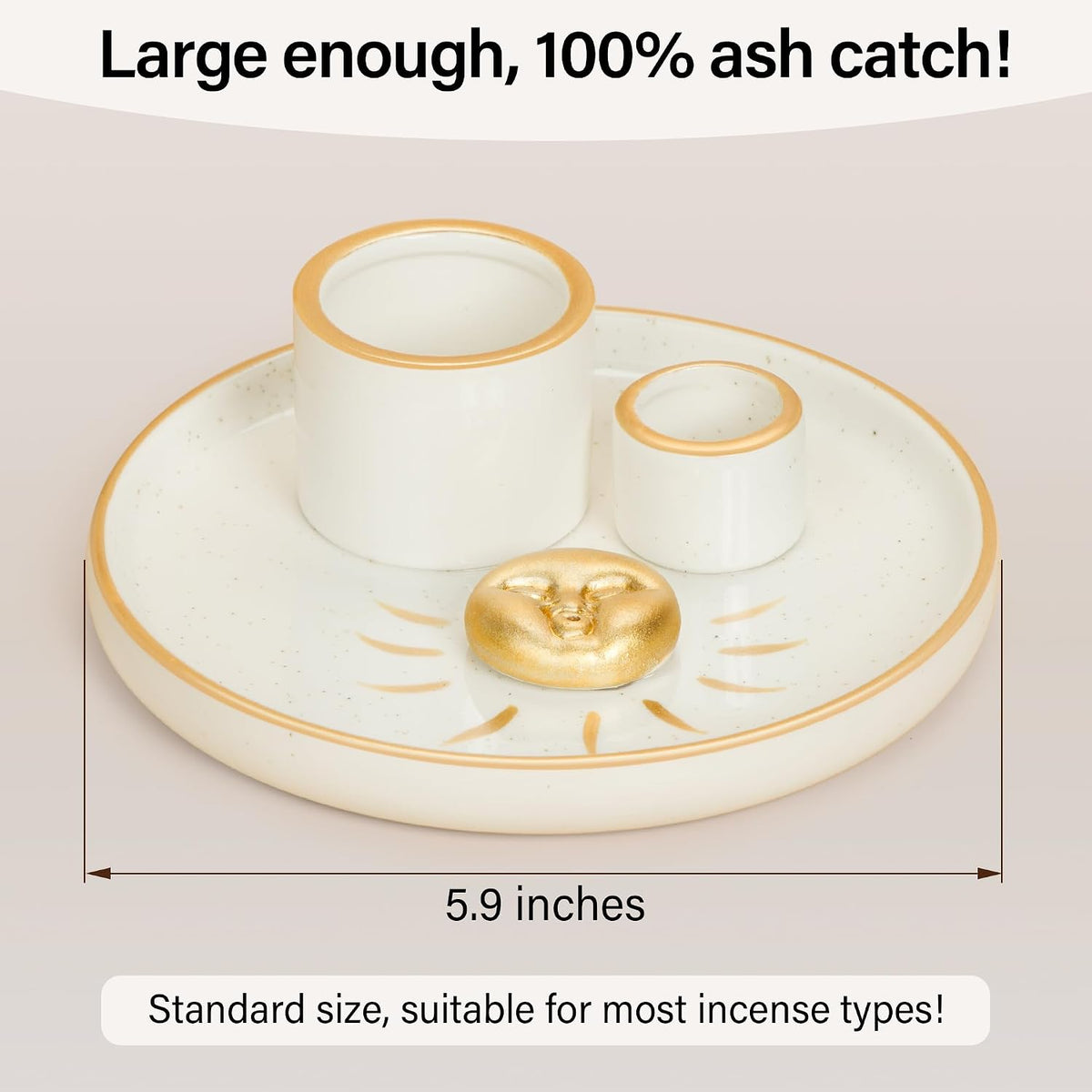ZenBless Multifunction Incense and Candle Holder for Burning Sage, Palo Santo, Incense Sticks - 5.9" Ceramic Ash Catcher Tray for Meditation Room Home Decor Spritual Gifts (Gold)