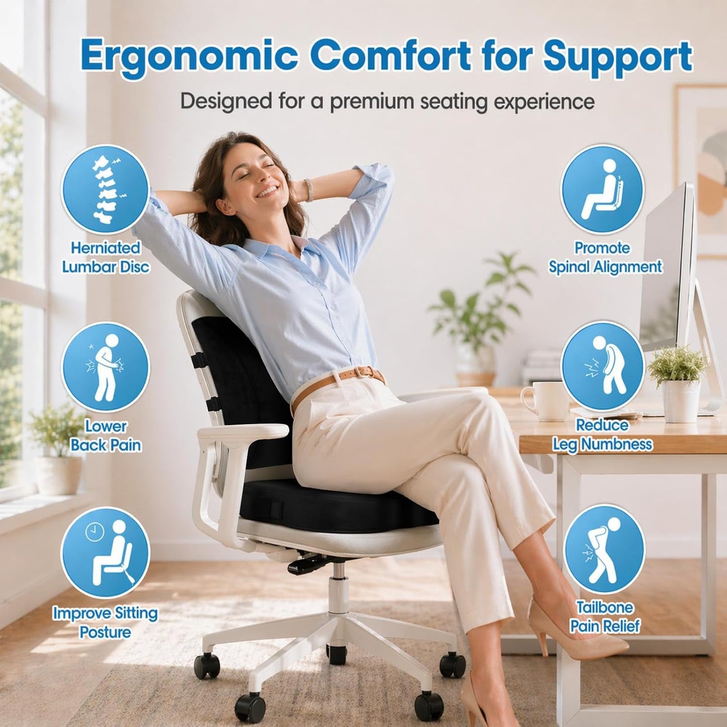 CloudBliss Lumbar Support Pillow & Seat Cushion Set for Office Chair, Desk Chair, Wheelchair & Car – Memory Foam Back Support, Ergonomic Chair Cushions, Sciatica Pain Relief, Home Essentials, Black