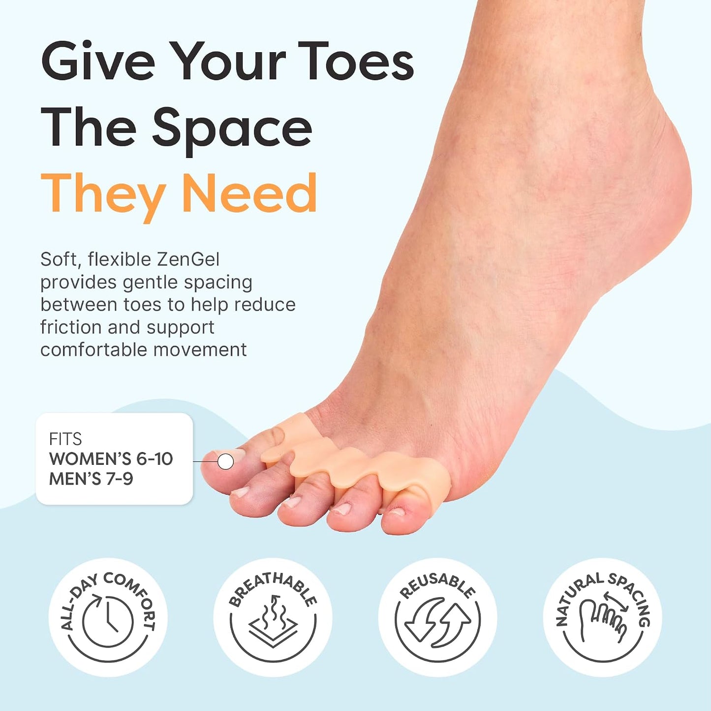 ZenToes Silicone Toe Spacers and Separators for Correct Toe Alignment, Bunion Relief, Hammertoe Straightener, Gel Orthopedic Corrector – 1 Pair (Black)