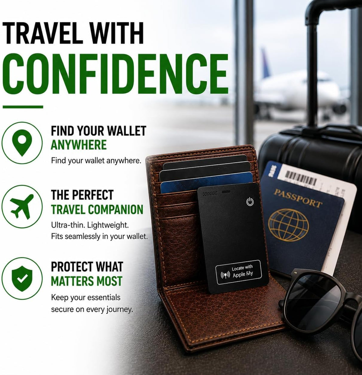 Wallet Tracker Card – Apple MFi Certified, Works with Apple Find My (iOS Only), Rechargeable Slim Tracking Card & Finder, 6-Month Battery, Item Locator for Wallet, Purse, Luggage, Passport