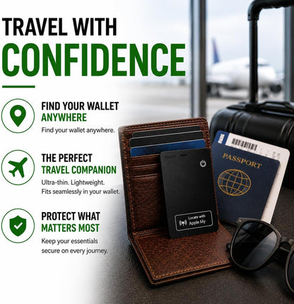 Wallet Tracker Card – Apple MFi Certified, Works with Apple Find My (iOS Only), Rechargeable Slim Tracking Card & Finder, 6-Month Battery, Item Locator for Wallet, Purse, Luggage, Passport