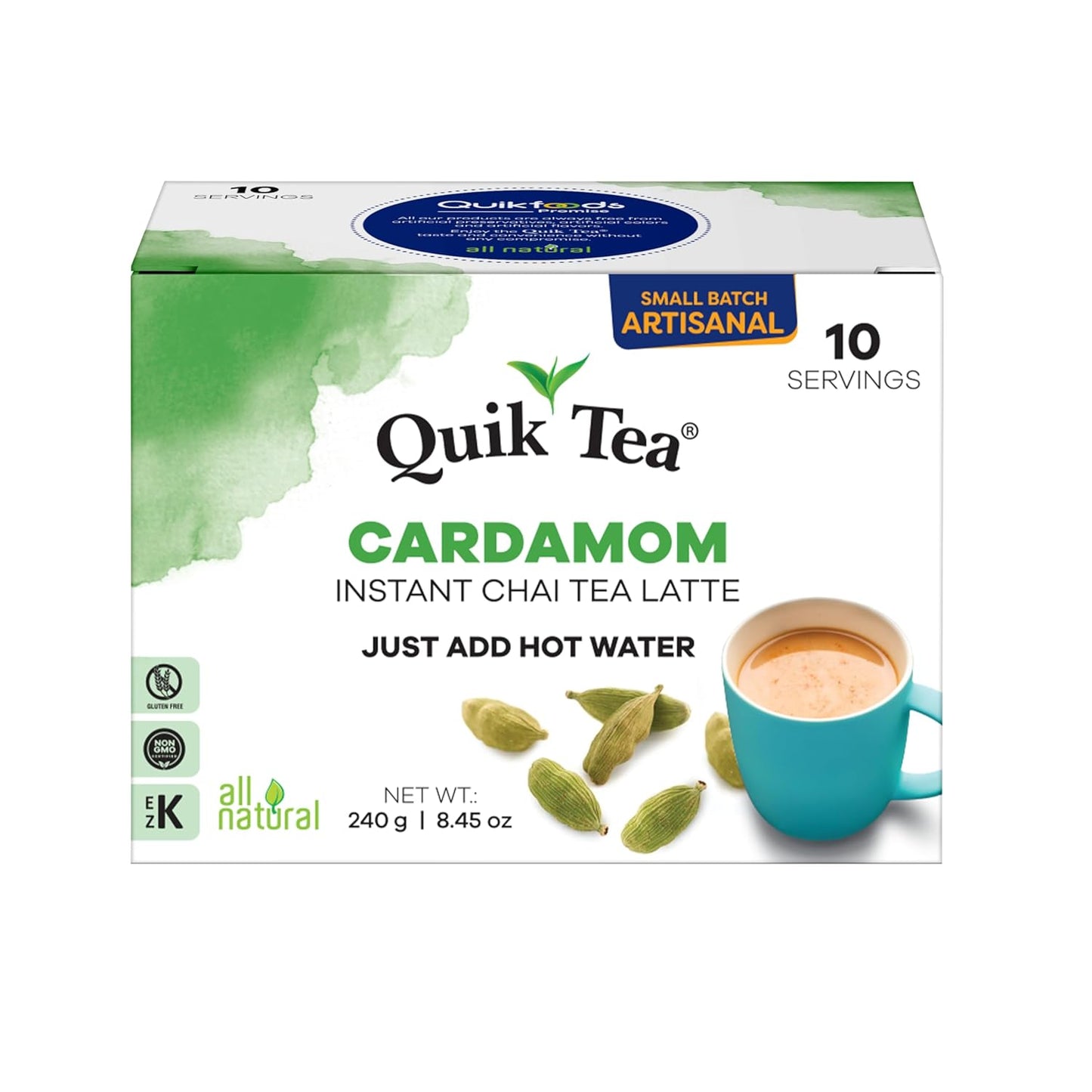 QuikTea Instant Cardamom Chai Tea Latte, 10 Single-Serve Sachets, Artisanal Indian Chai Latte Mix, Just Add Hot Water, Low Caffeine, Non-GMO, Gluten Free