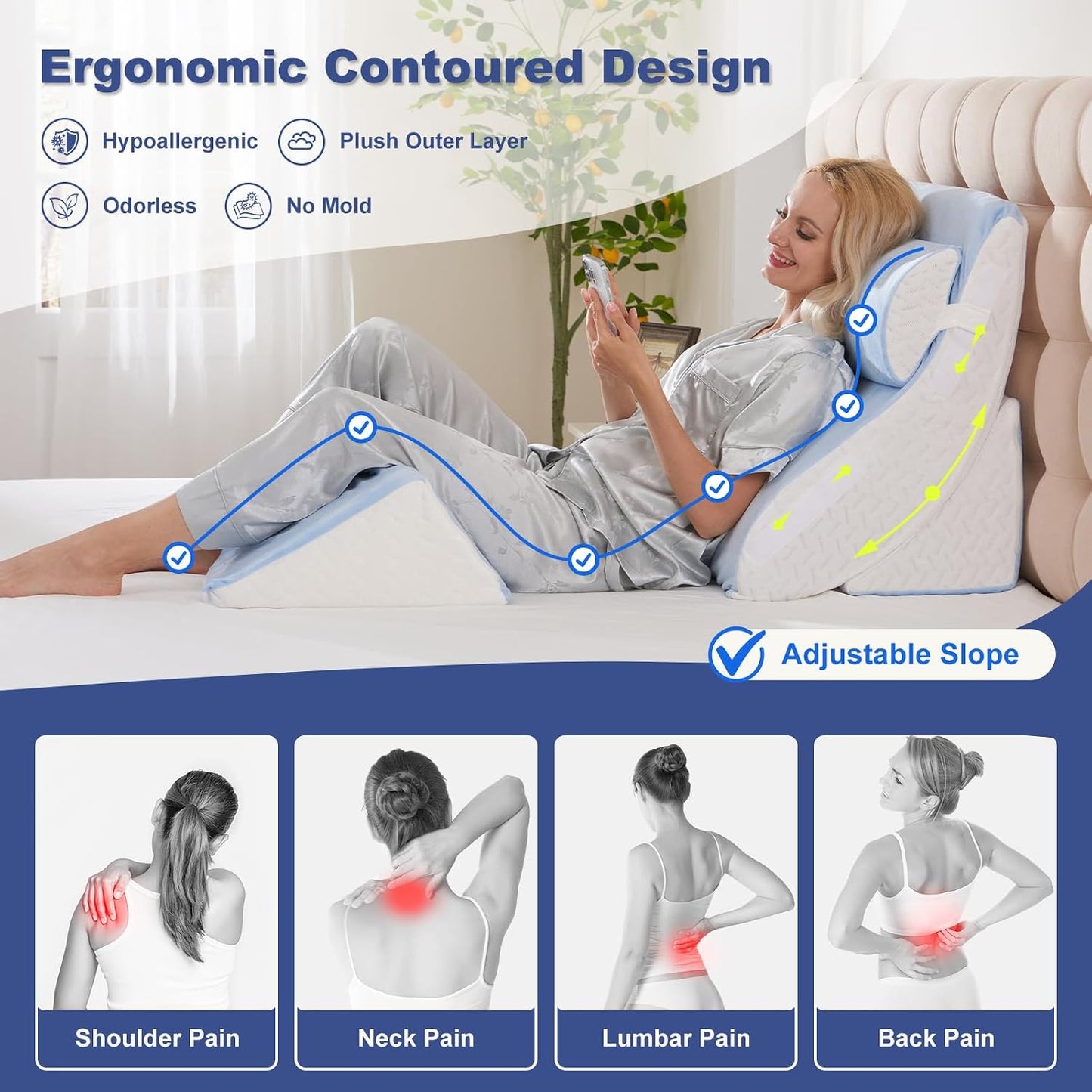 4PCS Orthopedic Bed Wedge Pillow Set for Sleeping, Post Surgery Foam Support Pillows for Back, Neck and Leg Pain Relief, Adjustable Triangle Pillow – Acid Reflux, GERD & Snoring Recovery, White Grey