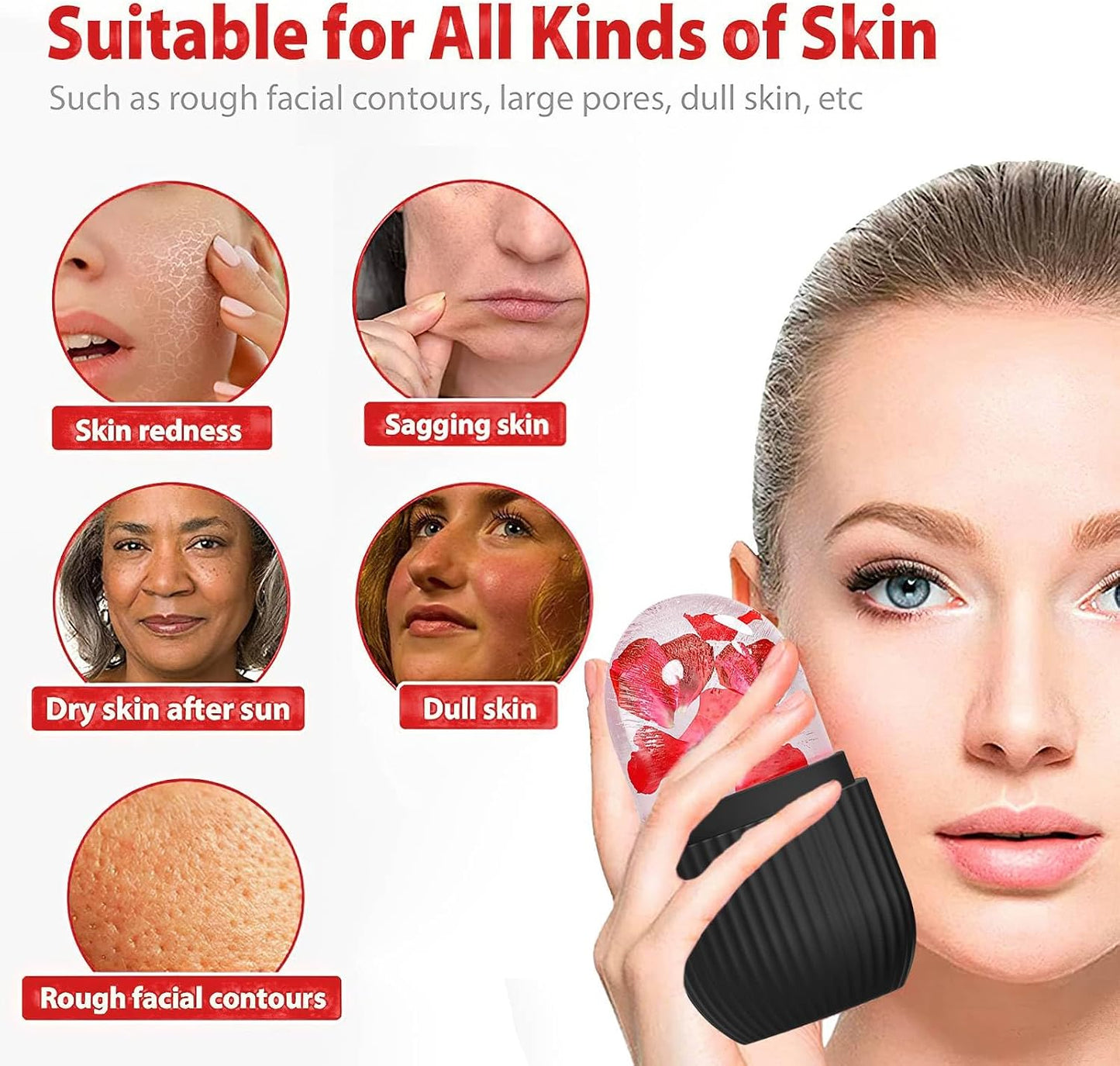 XHJRI Ice Cube Roller Massager for Face, Eyes and Neck Naturally Conditioning and Skin Care,De-Puff Eye Bags,Reduce Migraine Pain,Reusable Massage Silicone Ice Mold (Pink)