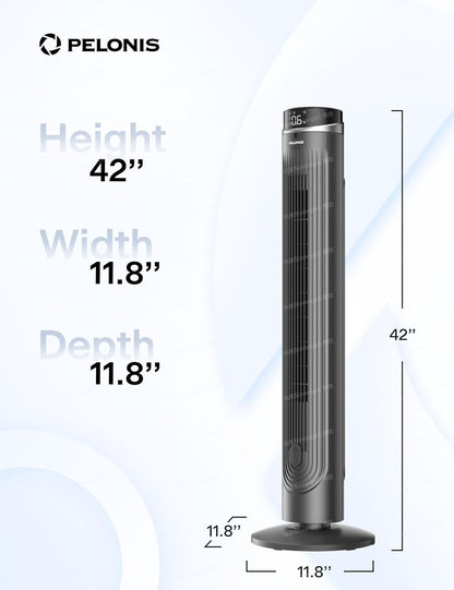PELONIS 40 inch Bladeless Tower Fan for Bedroom, Standing Fan with Remote Control, 26ft/s, 90° Oscillation, 3 Speed Settings, 27dB, 3 Modes, 15-Hour Timer, LED Display, Fan that Blows Cold Air, White
