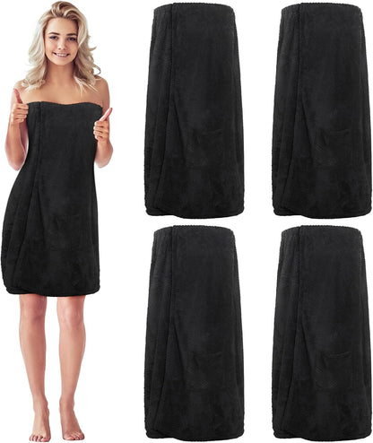 Tigeen 4 Pcs Spa Wraps for Women Waffle Spa Robe with Pocket Adjustable Closure Lightweight Towel Wraps for Bath Shower(Black)