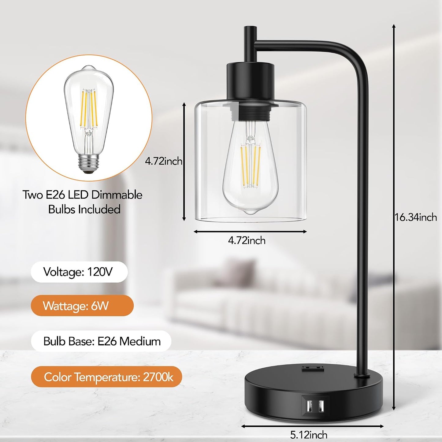 QiMH Industrial Table Lamp for Bedroom Set of 2, Green Glass Beside Lamp with USB A&C Ports, Stepless Dimmable Gold Lamps, Nightstand Lamps for Living Room, Office, Home Decor(Bulb Included)