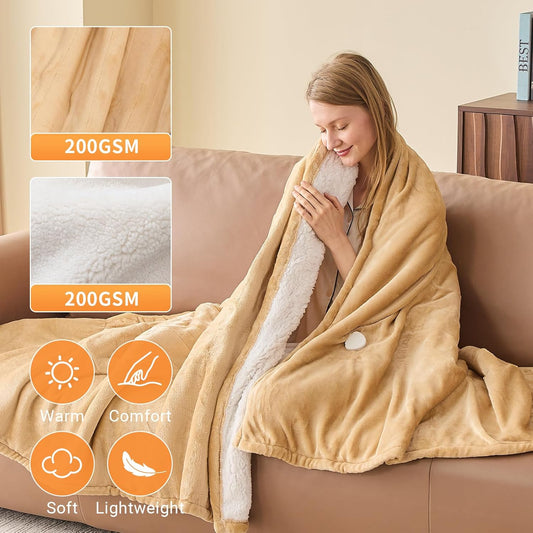 Electric Heated Blanket Throw Size 50''x60''-Control Heating Blanket, Soft & Warm Flannel 10-Level Temperature Control, 8 Hours Auto Off, Rapid Heating & Overheat Protection
