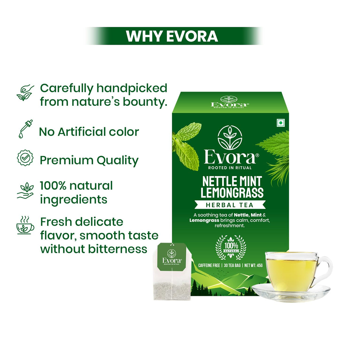 EVORA Nettle Leaf, Mint and Lemongrass Tea - 30 Ayurvedic Herbal Tea Bags