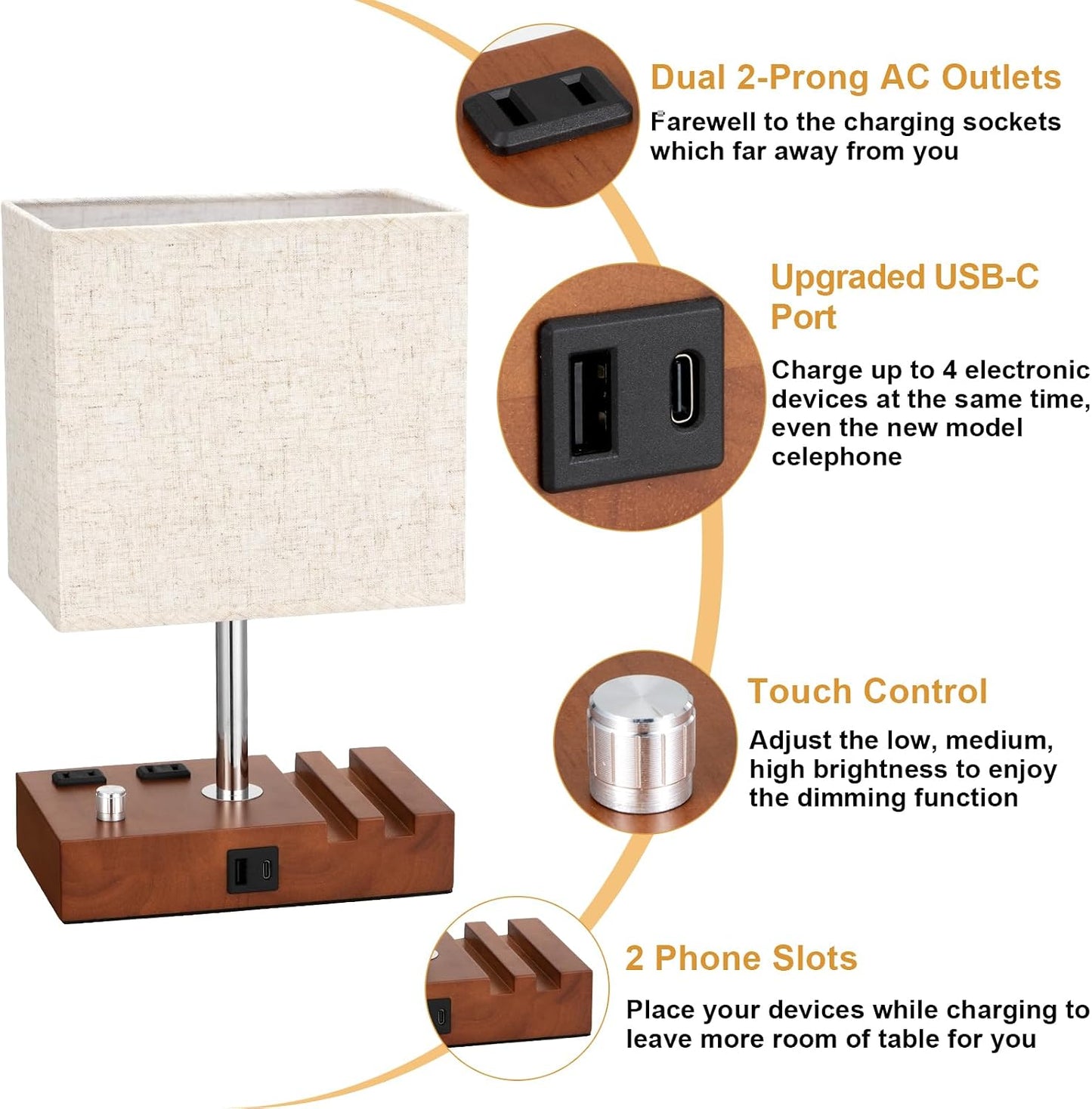 Kakanuo Fully Dimmable Nightstand Lamp for Bedroom with USB C Ports, Grey Small Bedside Table Lamp with Charging Outlets and Phone Stands, Wooden Desk Lamp for Living Room, LED Bulb Included