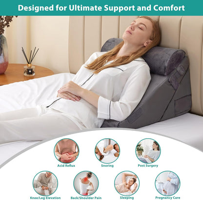 Bedluxe Wedge Pillow Headboard, 3PCS Orthopedic Bed Wedge Pillows Set for After Surgery, Adjustable Pillow Wedge for Acid Reflux&Back Pain Relief, Sleeping, Back Pillow for Bed Sitting Up, White/Grey