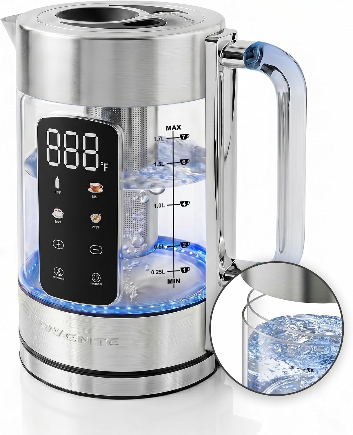 OVENTE Digital Glass Electric Tea Kettle 1.7L with Color-Changing LED Lights Temperature Control, Double-Wall Cool Touch, 4 Presets, Keep Warm, Tea Infuser & Boil-Dry Protection, Silver KGD913S