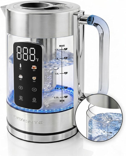 OVENTE 1.7L Glass Electric Kettle with Tea Infuser, Silver KGD913S