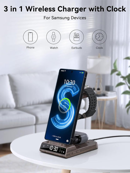 Wireless Charger for Samsung S25 with Clock 3 in 1 Android Charging Station