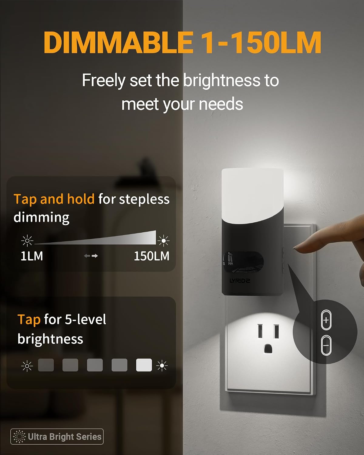 Lyridz Amber Night Light with Motion Sensor, 1-150LM Dimmable Plug-in Nightlight Indoor for Bedroom, Bathroom, Hallway, Stairs, Pet House, Toilet, 2 Pack