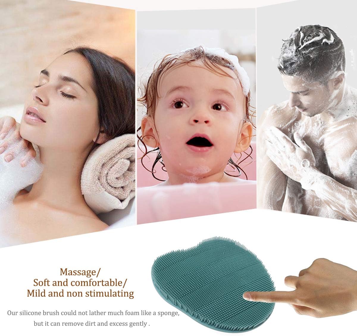 2 Pack Soft Silicone Shower Brush, Body & Face & Short Hair Wash, Bath Exfoliating Skin Massage Scrubber, Dry Skin Brushing Glove Loofah, Fit for Sensitive and All Kinds of Skin (PeonyPink+Green)