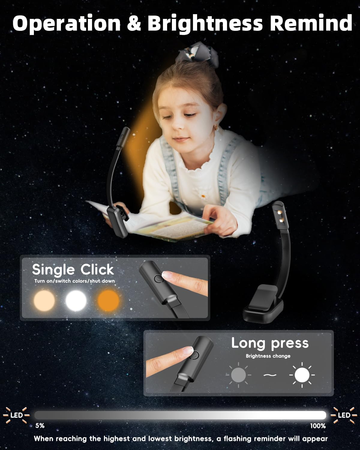 Book Lights for Reading at Night,Reading Lights,AAA Battery Clip-On Led Reading Light with 3 Colors & Stepless Dimming,Portable and Ultra-Lightweight with Long Runtime(Light White)