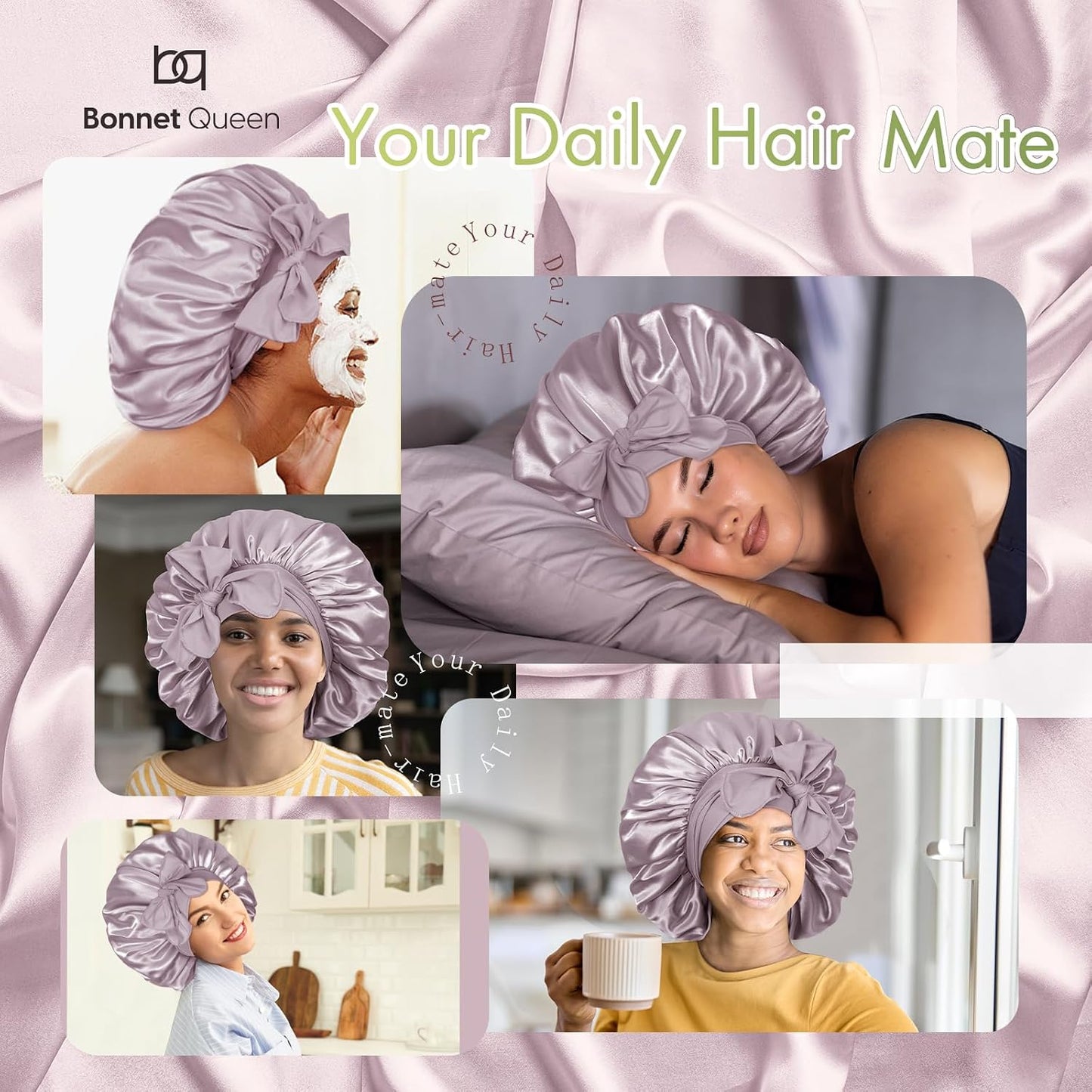 BONNET QUEEN Silk Bonnet for Sleeping for Women Satin Bonnet Night Cap for Curly Hair with Tie Band, Single Layer, Cream Pink