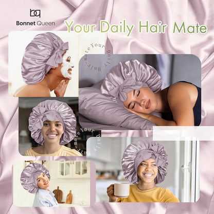 BONNET QUEEN Silk Bonnet for Sleeping for Women Satin Bonnet Night Cap for Curly Hair with Tie Band, Single Layer, Cream Pink