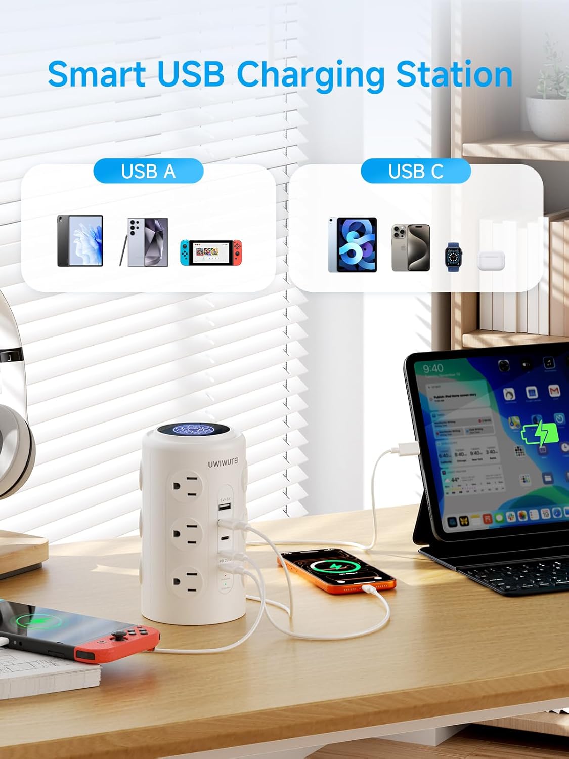 10FT Tower Power Strip with Dedicated 20W PD USB-C Port