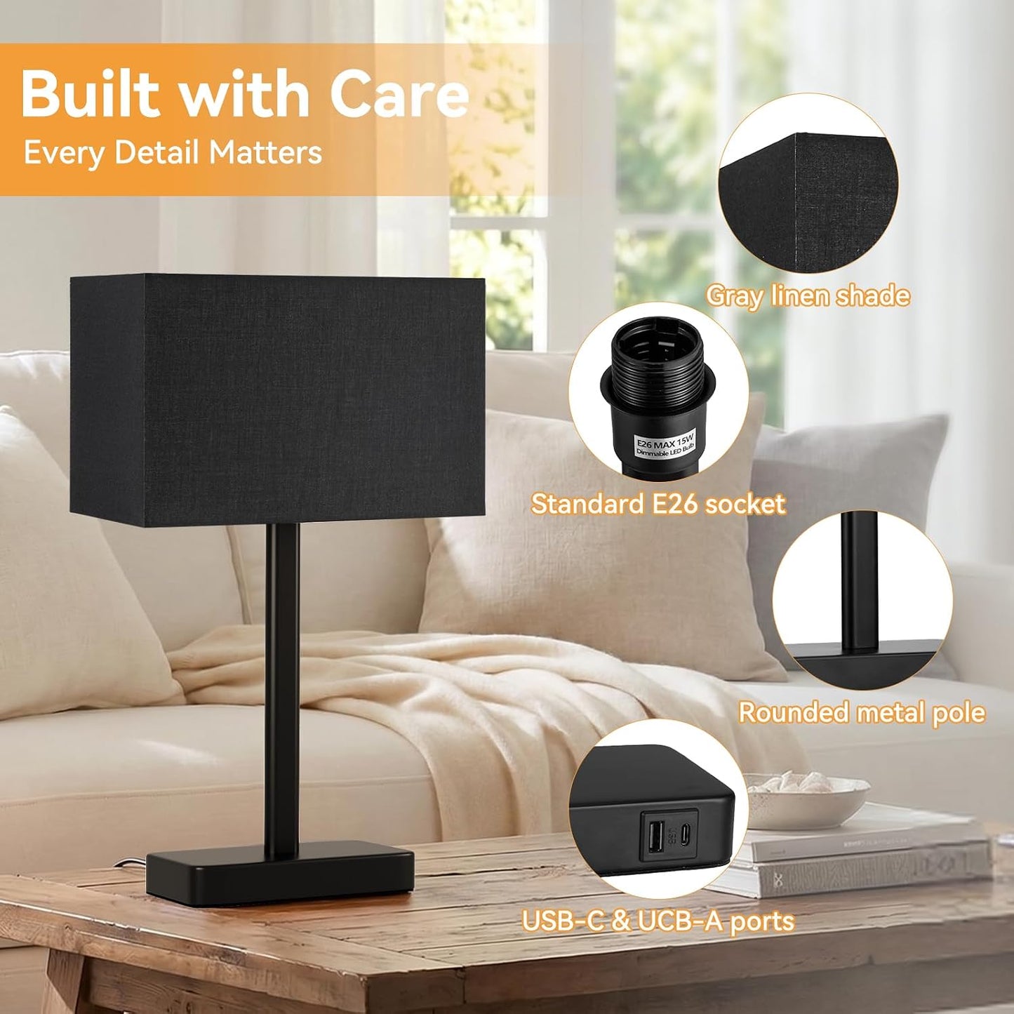 Hong-in Touch Lamps for Bedroom - 3-Way Dimmable Bedside Lamps Set of 2 with USB C+A, Grey Modern Table Lamp for Night Stands, Desk Lamp for Living Room Nightstand End Tables Bed Side