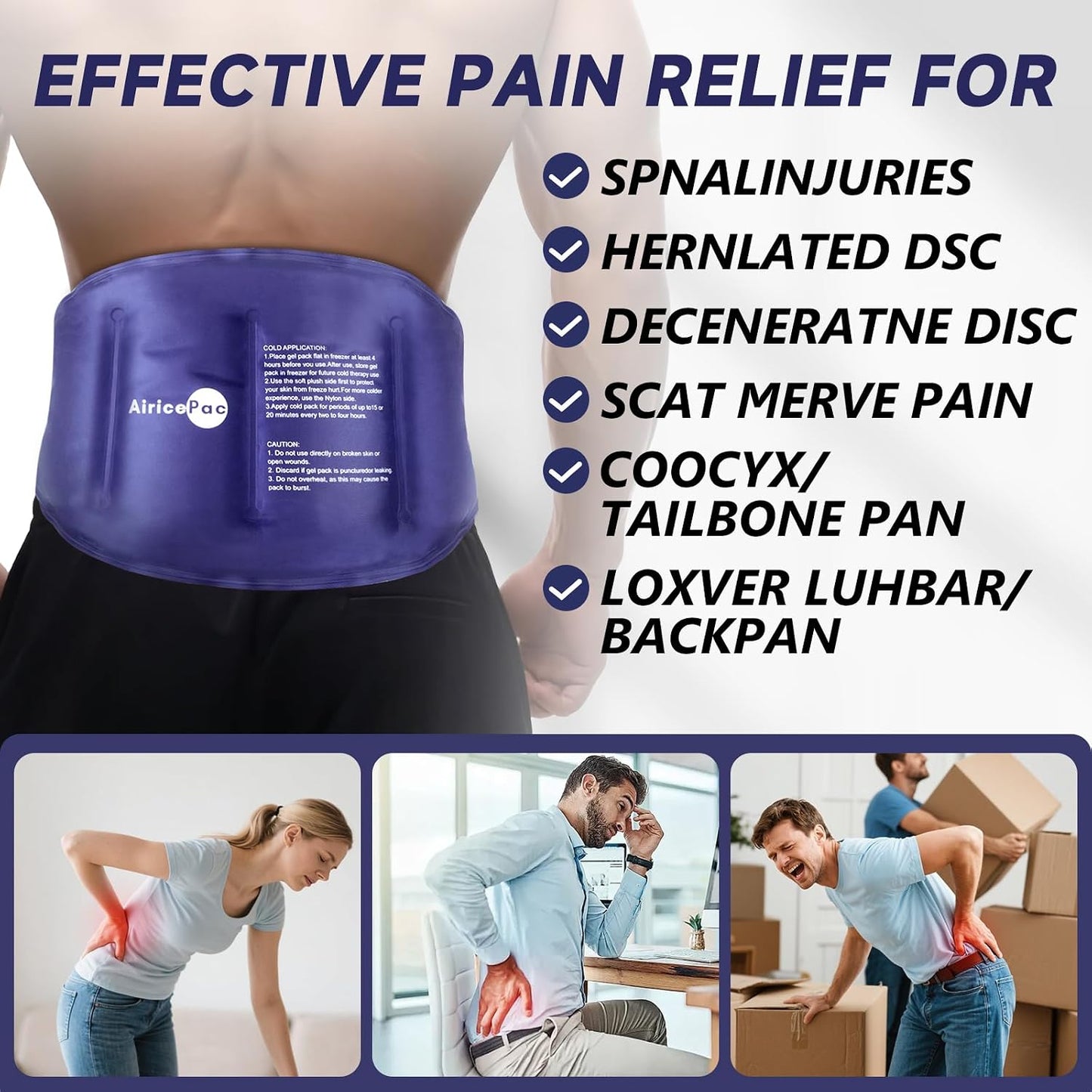 AiricePac 16 × 9" Large Ice Pack for Injuries Reusable Gel for Lower Back, Shoulder, Knee, Elbow, Hip, Leg, Soft Flexible Cold Compress for Pain Relief