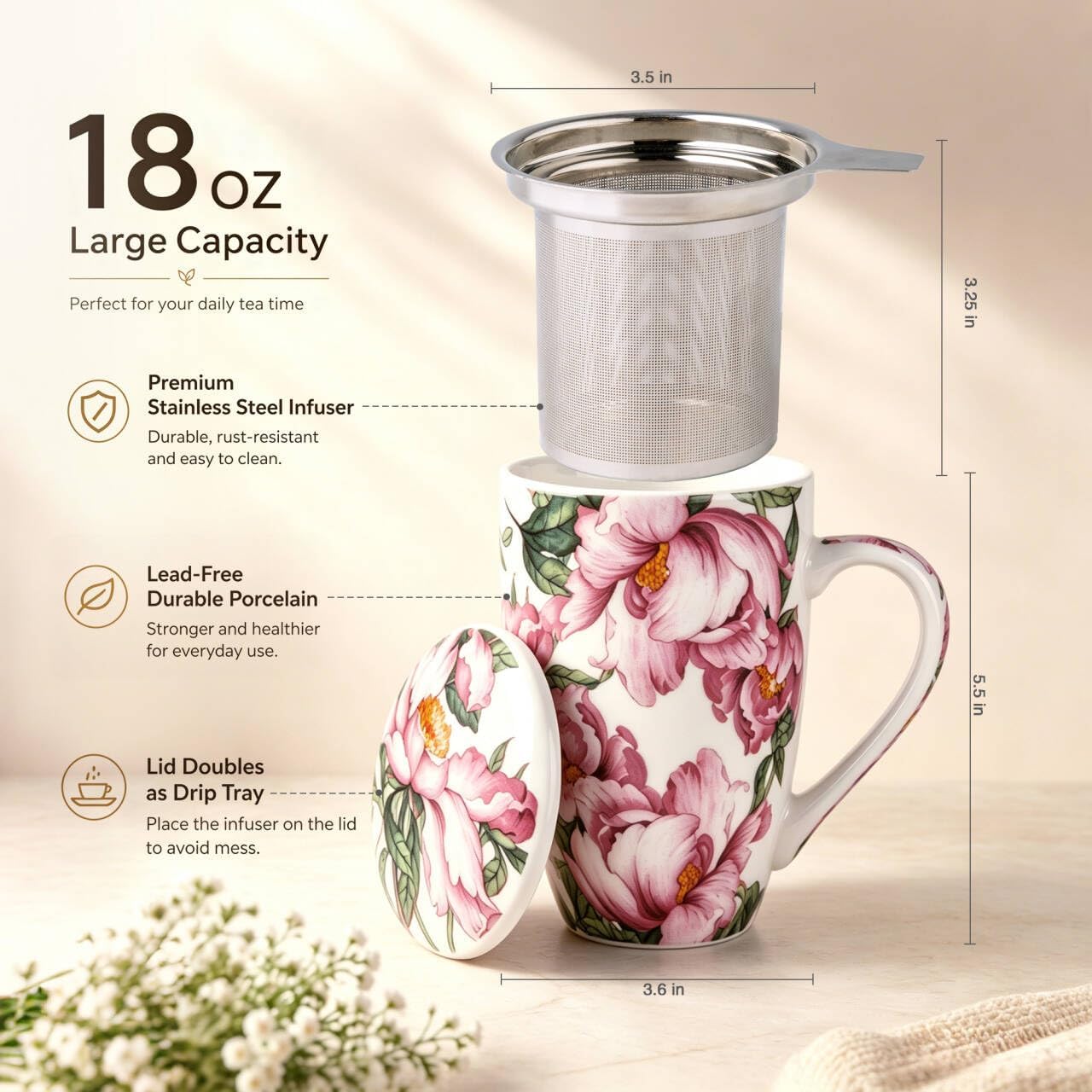 AmorArc 18oz Porcelain Tea Mug with Infuser & Lid, Loose Leaf Tea Cup with Stainless Steel Strainer, Large Coffee Mug Gift for Women, Tea Lovers, Home & Office