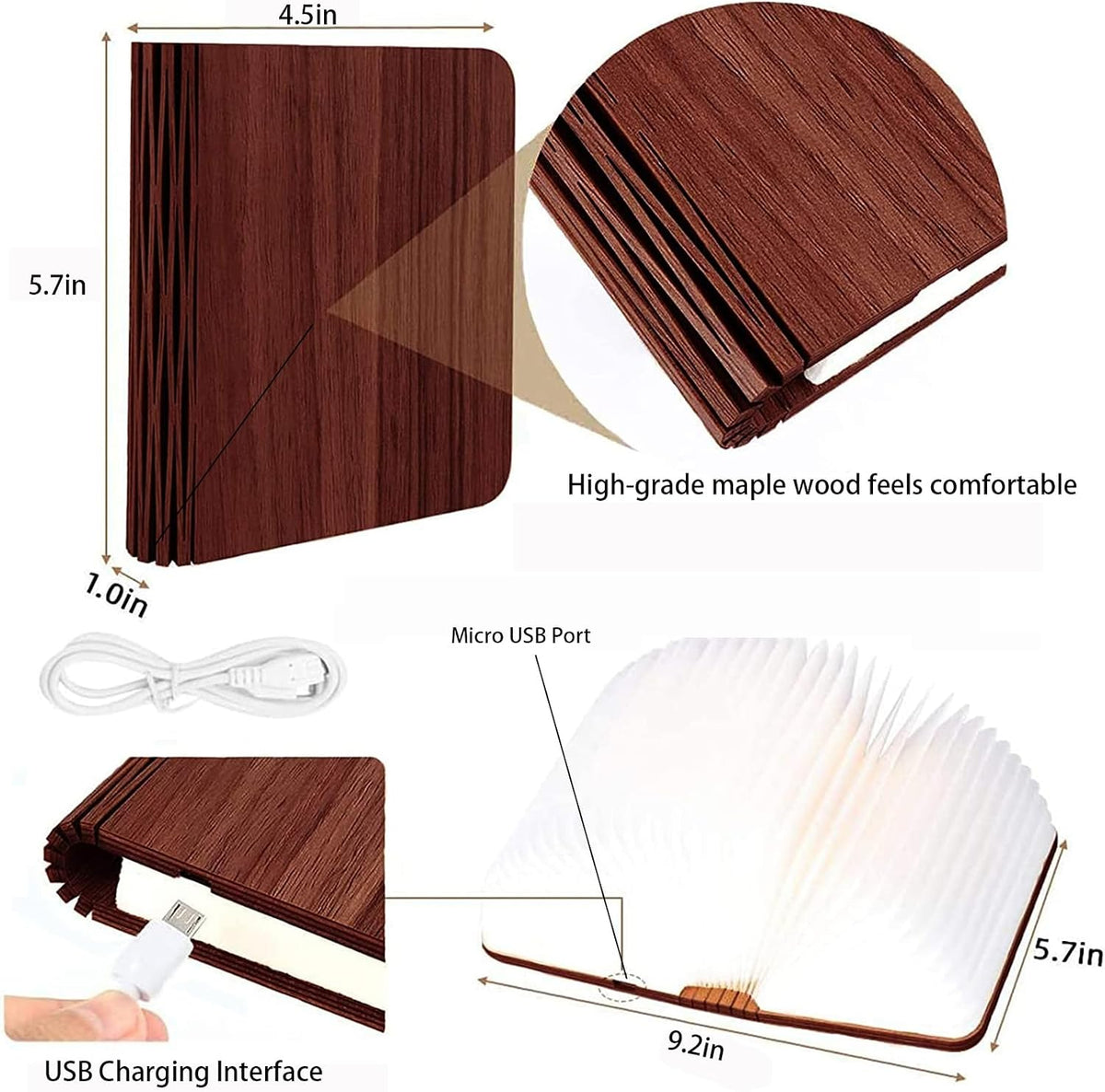 5.7Inch Wooden Book Lamp, 6 Colors Folding Book Light, USB Rechargeable, 360° Shaped Light, Novelty Reading Accessories, Book Themed Gifts