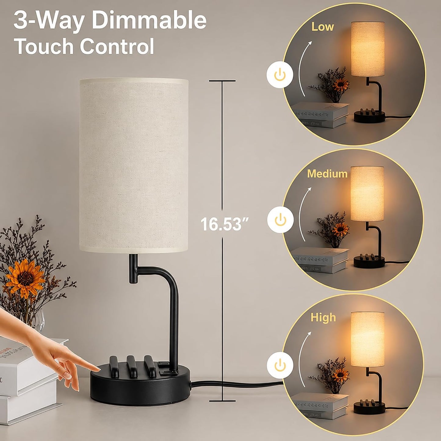 Dreamholder Touch Control USB Table Lamp with USB C/A & AC Outlet, 3-Way Dimmable Bedside Lamp, Modern Nightstand Lamps for Bedroom Living Room Guest Room Office, Bulb Included, Gold