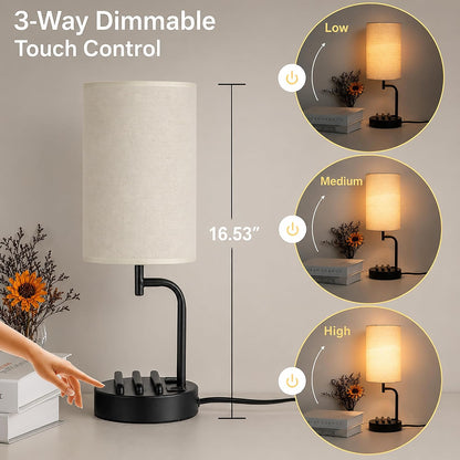 Dreamholder Touch Control USB Table Lamp with USB C/A & AC Outlet, 3-Way Dimmable Bedside Lamp, Modern Nightstand Lamps for Bedroom Living Room Guest Room Office, Bulb Included, Gold