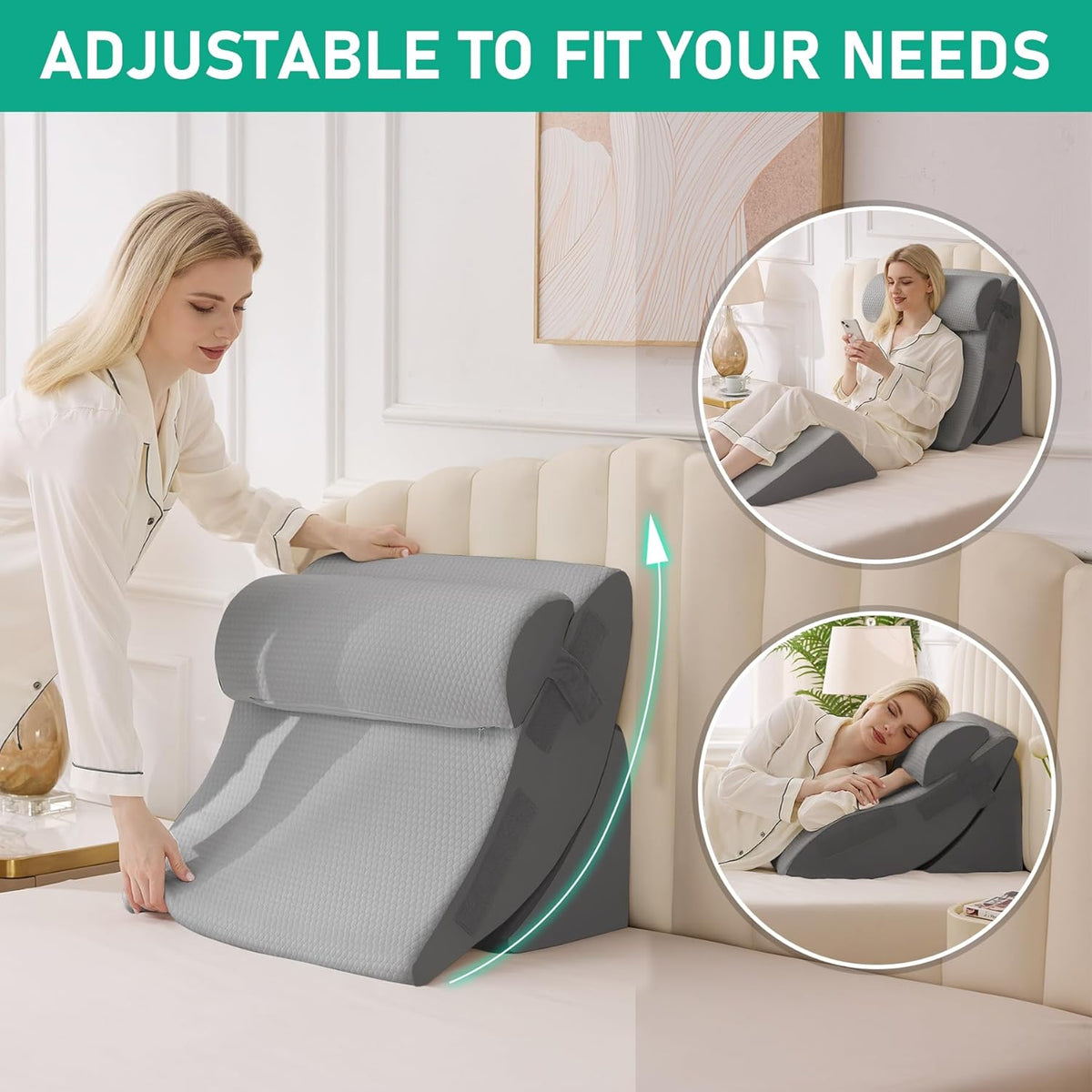 4PCS Wedge Pillow Set for After Surgery, White/Grey