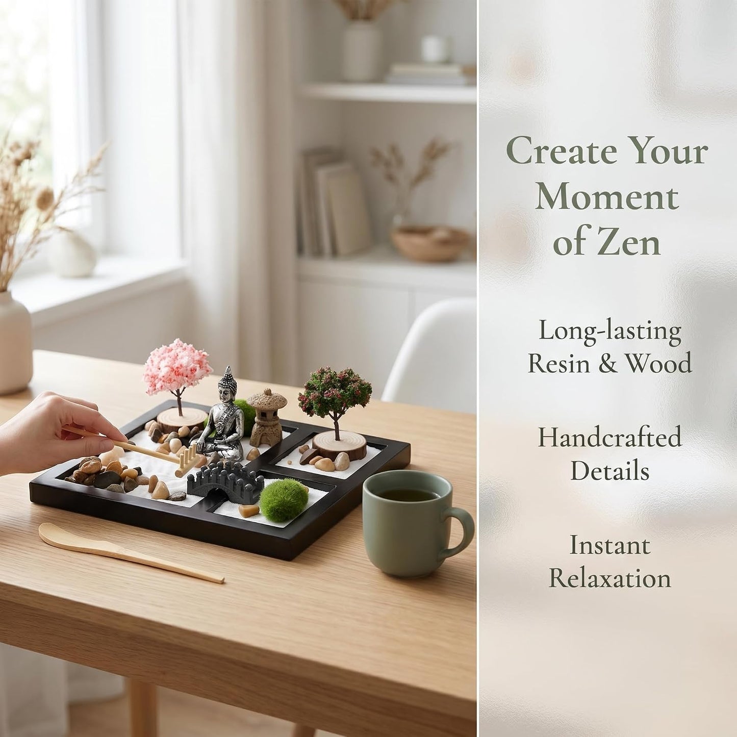 Hiceeden Zen Garden Kit for Desk, 8.5×7 Inches Japanese Mini Zen Garden Accessories, Sand Tray Therapy Kit Meditation Gift for Home Office Desk Decor