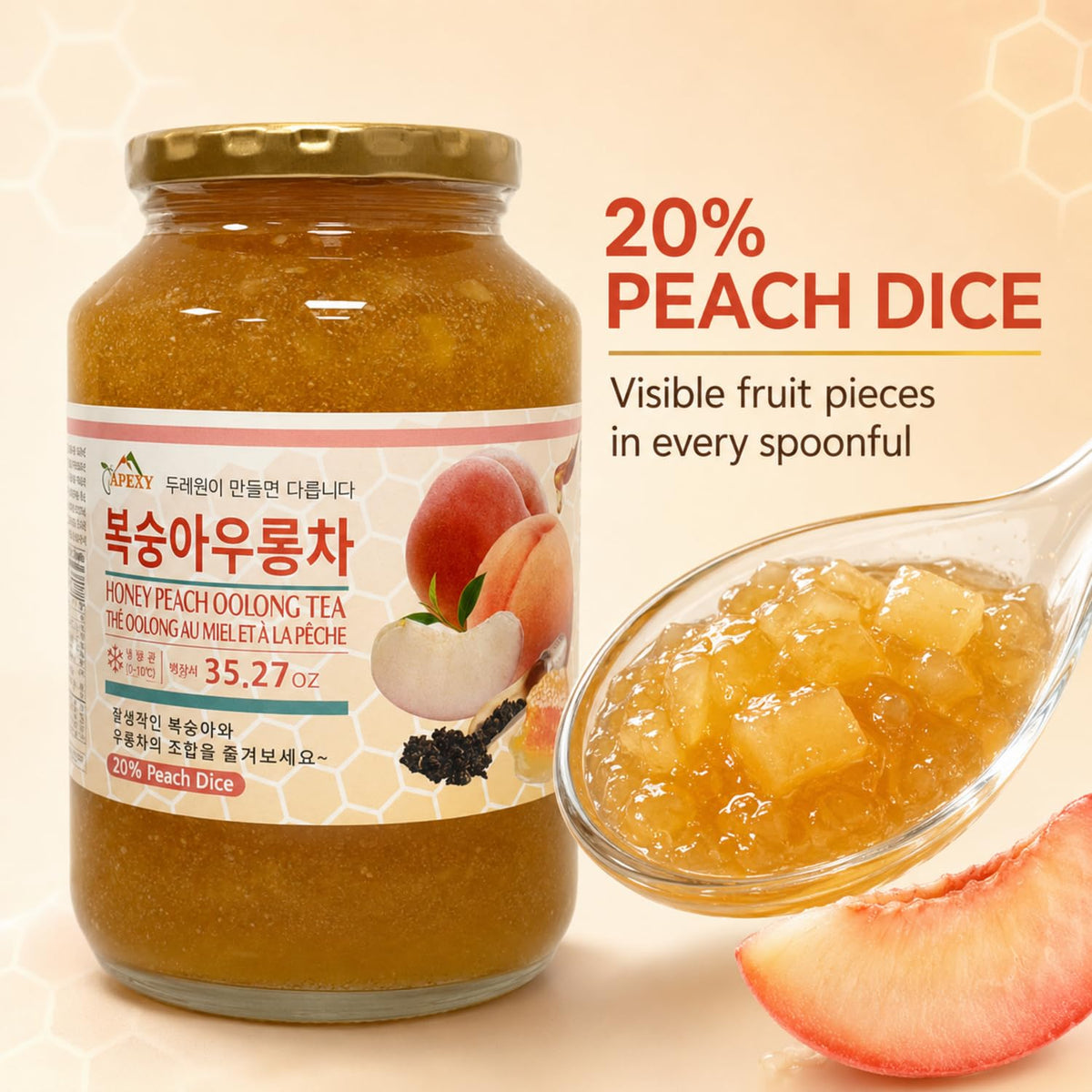 Apexy Korean Honey Peach Oolong Tea – Made with Real Fruit, No Artificial Colors – Premium Drink Base, Smoothies, Desserts, Cocktails, Yogurt, Spreads Made in KOREA 35.27oz (1kg). (Peach Oolong Tea)