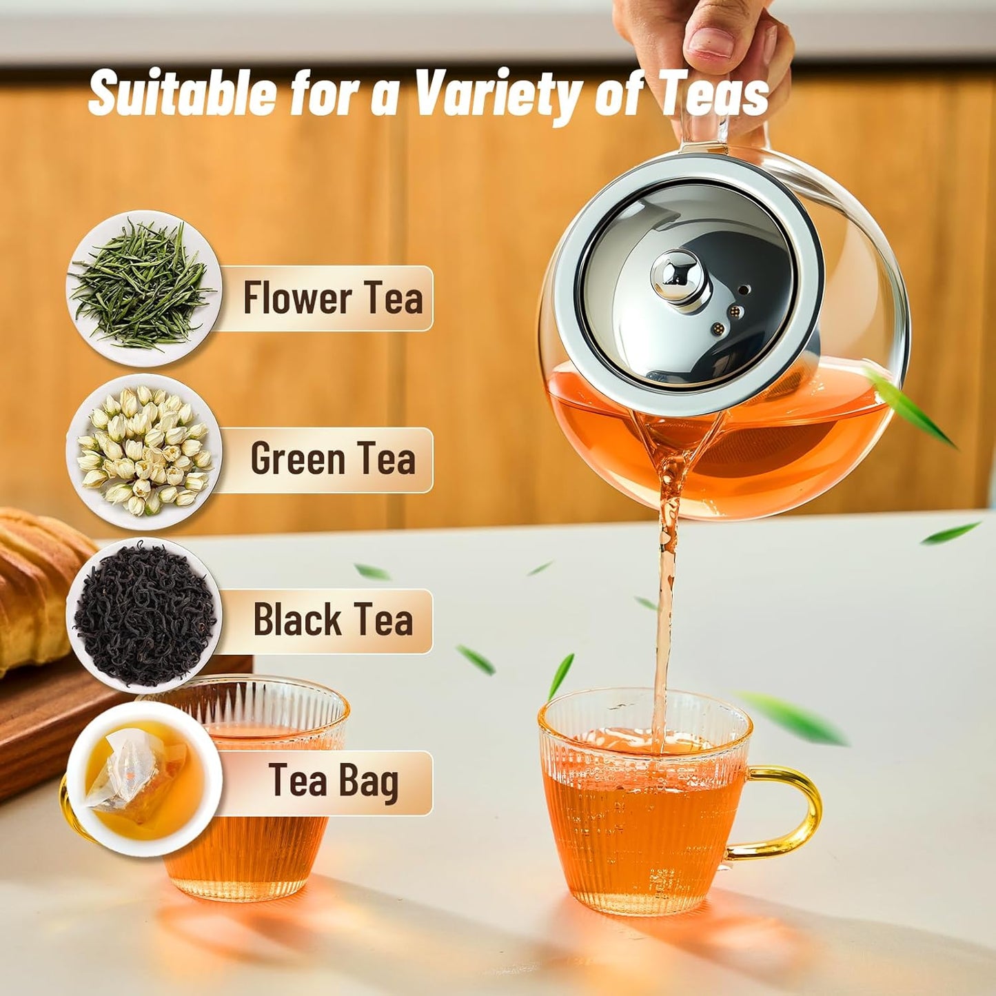 Baalaka Glass Teapot Stovetop 20 OZ/600ml, Tea pot with Removable 18/8 Stainless Steel Infuser, Borosilicate Clear Tea Kettle, Teapot Blooming and Loose Leaf Tea Maker Tea Brewer for Camping, Travel