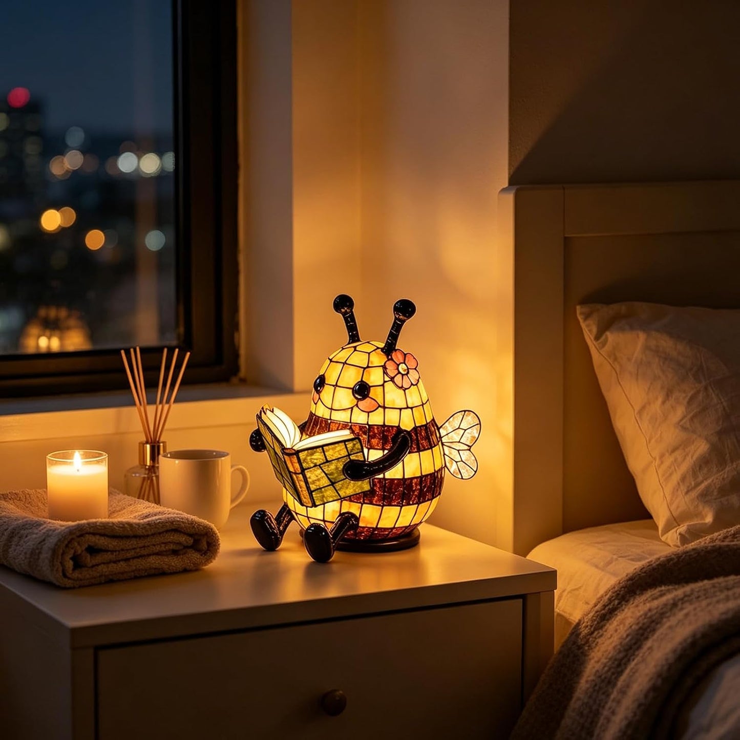 Cute Bee Night Light with Book Design, Warm Glow Animal Table Lamp for Bedroom Desk Bookshelf, Decorative 3D Bee Reading Lamp Gift for Book Lovers，1pc