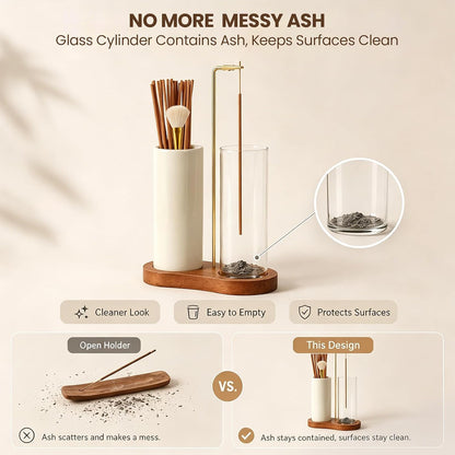 2 in 1 Incense Holder with Glass Ash Catcher, Ceramic Storage Jar, 25 Incense Sticks & Ash Brush, Ideal for Meditation, Yoga, Spa & Home Decor