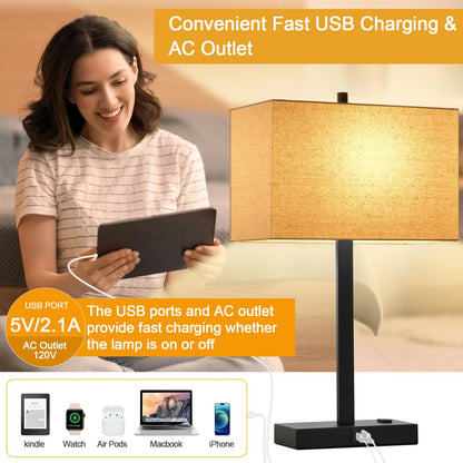 21" Touch Bedside lamps with 2 USB & AC Outlets, 3-Way Dimmable Bedside Table Lamps Set of 2 for Bedroom Living Room Office Reading, Gray Shade Lamps for Night Stands, 5000K LED Bulbs Included